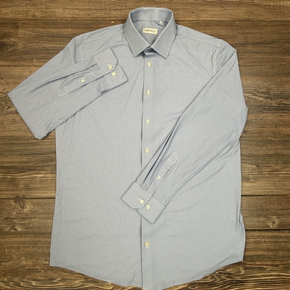Collars & Co Mens Size LARGE Apex Dress Shirt Navy White Basketweave Stretch - Picture 4 of 10